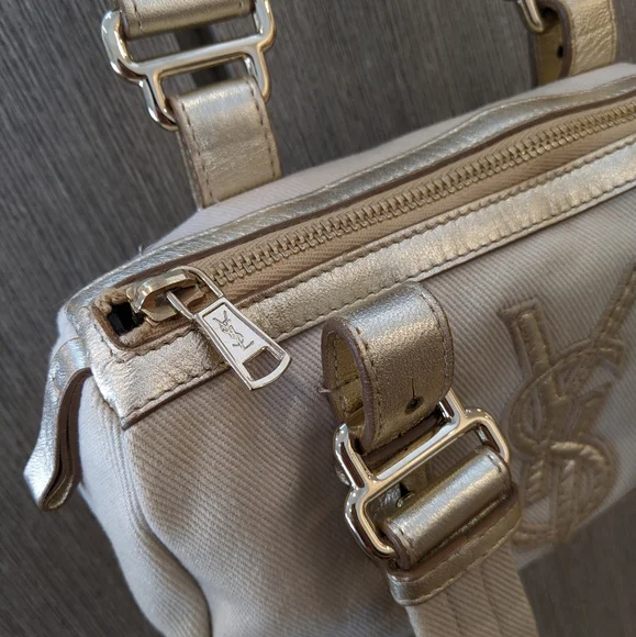 YSL: Metallic Mini Boston Kahala Canvas Leather Tote Shoulder Bag - Picture 8 of 16